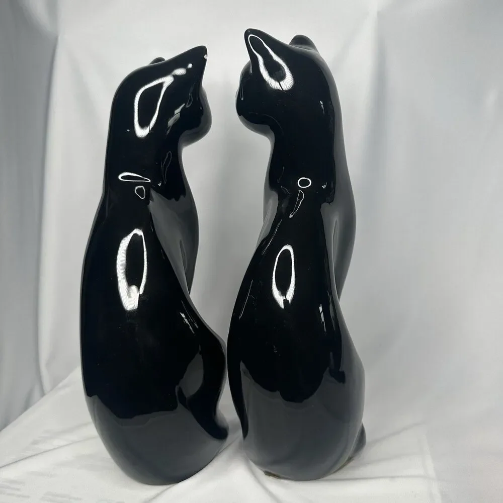 VTG Artmark Fine Ceramic Midnight Shadows Pair of Black Cats Green Eyes 12.5 in - Picture 7 of 12